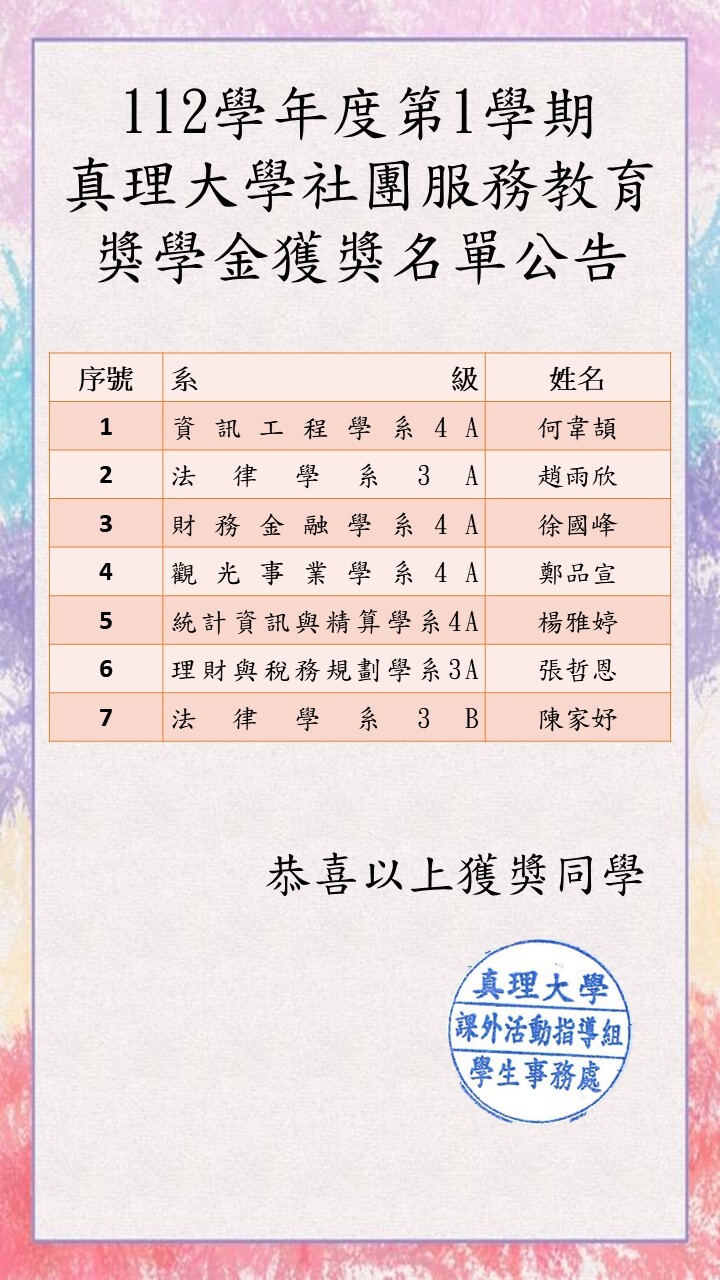 112-1 社團服務獎學金