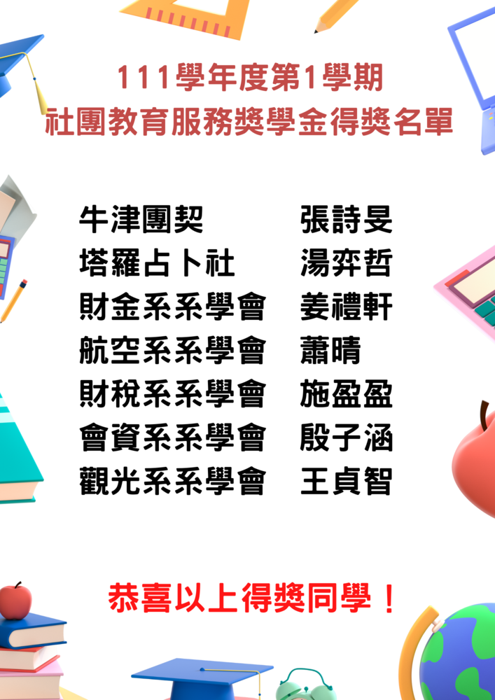 111學年度第1學期社團教育服務獎學金得獎名單圖片